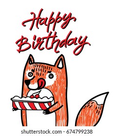 The fox is holding a pie with a cherry. Postcard, drawing by hand. Happy Birthday. Lovely, children's drawing.