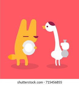 A fox holding a plate and Cranes holding a bottle / Fox and cranes