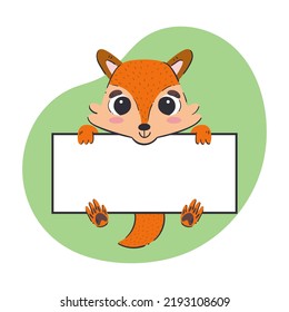 Fox holding a white banner. Cute hand-drawn vector illustration with green background. Editable card template.
