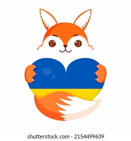 The fox holds a heart in the form of the flag of Ukraine. Vector illustration in support of Ukraine.