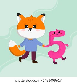 El zorro sostiene el número cinco de la mano. De vuelta a la escuela. Lindo animal kawaii. Ilustración plana de Vector.