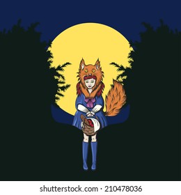 The fox hood girl in the forest illustration