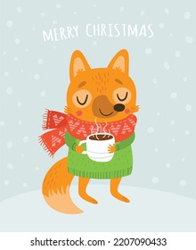 Fox y chocolate caliente. tarjeta de Navidad