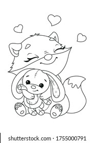 Fox hugging rabbit coloring page. Outline vector cartoon illustration