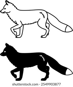 Iconos de Fox. Ilustración vectorial En Blanco Y Negro. Mamífero depredador. Zorro Lindo Con Cola Grande Y Esponjosa. Símbolo De Astucia. Para el diseño de libros para colorear. Concepto animal