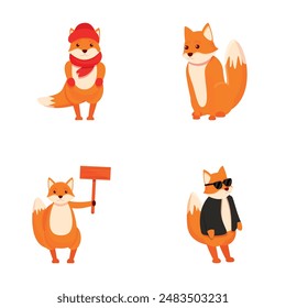 Fox icons set cartoon vector. Cute forest animal red fox. Cartoon character