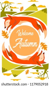 Fox Illustration For Autumn Season With leafs and Mountain