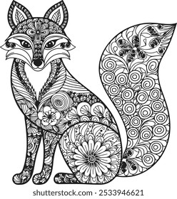 fox illustration, mandala, outline of a fox