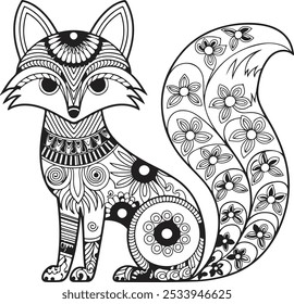 fox illustration, mandala, outline of a fox