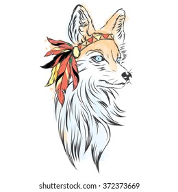 Fox Indian hat . Vector illustration for greeting card, poster, or print on clothes.

