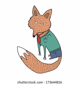 Fox isolated on white background. Cute cartoon animal fox illustration. Funny Fox in man's clothes 