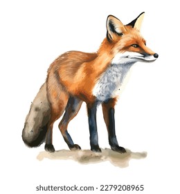 Fox isolated on white background. Watercolor drawing illustration. 