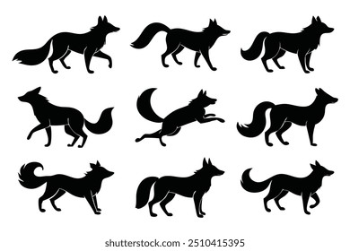 Fox jump stand walk and other pose black silhouette flat vector illustration