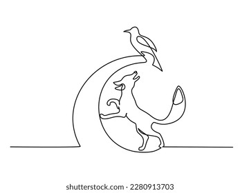 Fox jumping for bird. Continuous one line drawing. Isolated black vector hand draw contour on white background