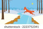 The fox jumps over the frozen river in the forest