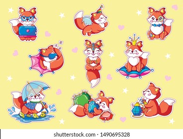 Fox Kawaii Stickers Flat Cartoon Vector Illustartion. Cute Character in Different Positions. Animal Working on Laptop, Resting in Sleeping Mask, Sitting on Pillow with Crown, Walking with Umbrella.