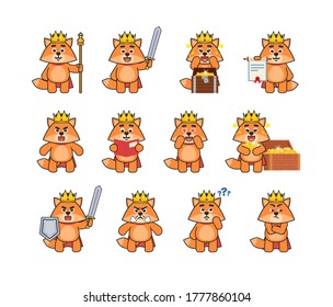 Fox king mascot in various situations. Cute fox king holding scepter, sword, treasure, scroll, reading book, thinking and showing other actions. Vector illustration bundle