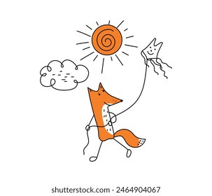 Fox and kite. Game, active recreation in the fresh air. Set Sun, cloud cartoon cute animal. Simple outline icons. Vector illustration. Background white isolated.