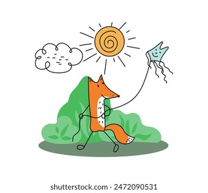 Zorro y cometa. Juego, Ocio activo al aire libre. Sol, nube de dibujos animados lindo animal. Iconos de contorno simples. Ilustración vectorial. Fondo blanco aislado.