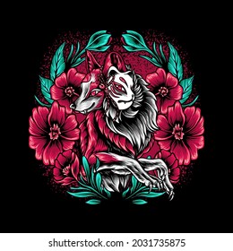 The Fox Kitsune With Flowers