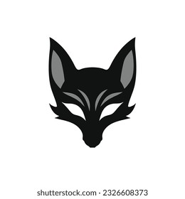 Fox Kitsune mask logo of Animal face clipart, Cat head black silhouette vector, cartoon icon, japan anime symbol. isolated on white background.