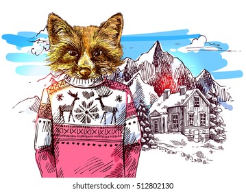 Fox in knitted sweater in mountains. Vector illustration for greeting card, poster, or print on clothes. Fashion Style drawing. Hipster.