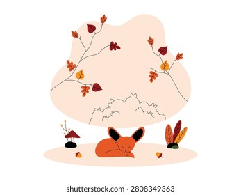 A fox with large ears curled up asleep on the ground beneath autumn branches.