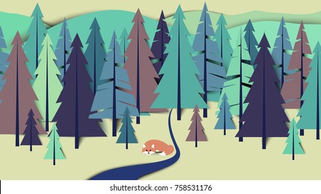 Fox lay down beside the river in pine forest landscape, paper art/paper cutting style