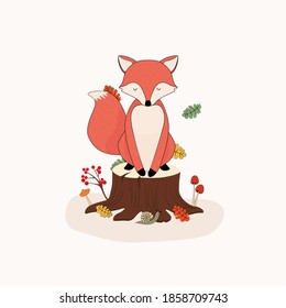 fox leaf forest slug wildlife autumn flower mushroom line tee illustration art vector