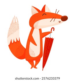 Fox leaning on folded red umbrella. For children books, greeting cards, stickers or educational materials