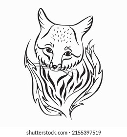 Fox and leaves black and white drawing. Hand drawn vector illustration. Fanny image of fox. Ink drawing.
