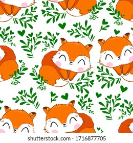 Fox and leaves Pattern. Vector illustration. Sketch print design beautiful forest animal for baby background, textile. For newborns design seamless 