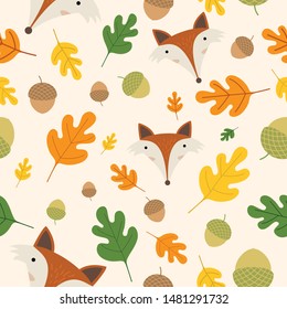 Fox leaves and pine cones in the autumn seamless pattern.Vector illustration