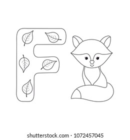 Fox for letter F in kids alphabet. Hand drawn outline cartoon foxy character and letter for children`s typeface, cute smiling forest animal, for baby developing card, kids ABC, coloring book, logo.