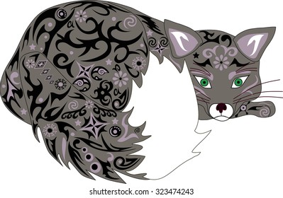 The fox lies having curled up, an animal with a pattern, an animal with drawing, a fox with flowers