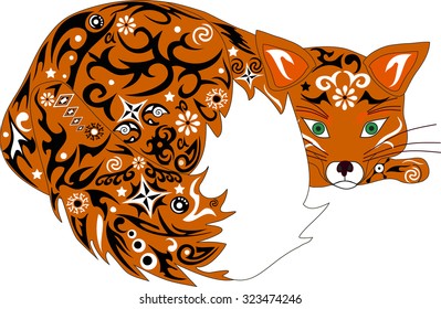 The fox lies having curled up, an animal with a pattern, an animal with drawing, a fox with flowers
