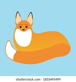 The fox lies isolated. Flat vector stock illustration with character, animal for kids. Modern cute fox as a single print illustration. A fox with big ears and a fluffy fur tail