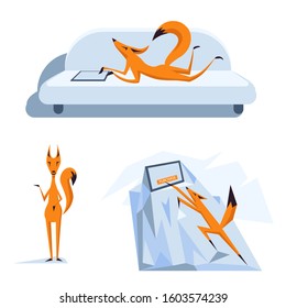 The fox lies on the couch and looks at the tablet. The animal climbs on a rock, mountain, Everest. The character stands at full height.
