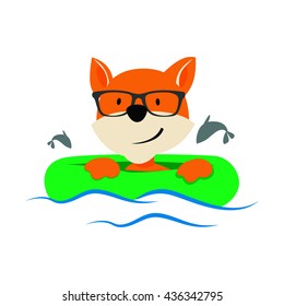 Fox in the lifebuoy bathing in the sea vector