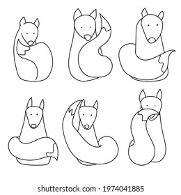 Fox line art, set of stylized seated foxes with fluffy tails vector illustration