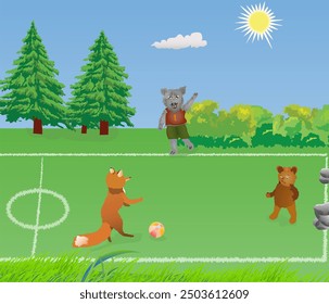 Fox and little bear are playing football in the forest. The wolf is the referee. Vector illustration.