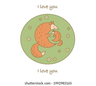 Fox and little cub together. Postcard. Vector illustration.