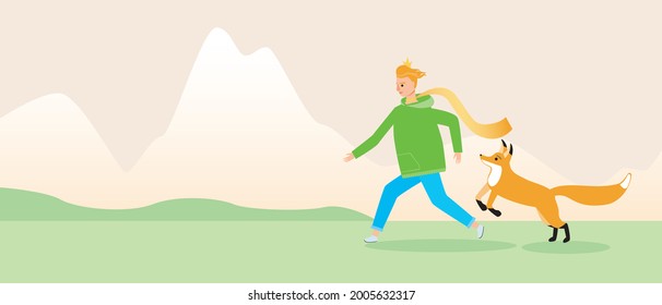 The fox with the little prince, copy the space template. Flat vector stock illustration. The character of the book The Little Prince. The fox and the boy are friends. Illustration with place for text