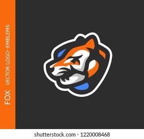 Fox logo - animal emblem design on black background, mascot vector illustration for sports team