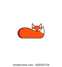 Fox logo, the animal lies with its muzzle on its fluffy tail, the creative logotype of a cunning, sleep smart predator