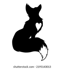Fox logo with heart. Elegant Stand fox logo art with graceful tail. Design of black fox silhouette animal mascot logo template vector illustration clipart. Vector isolated black and white fox icon.  svg