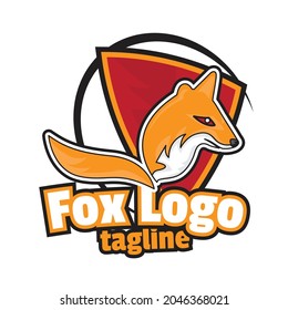 Fox logo mascot vector illustration for e-sport,gaming and multipurpose use with dummy text and shield. White isolated background.