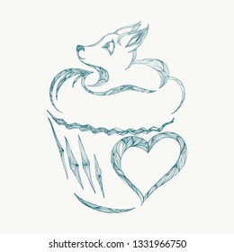 fox logo for a pastry shop in retro style hand-drawn. Embelema baby, sign cupcake. vector illustration element design