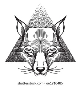 Fox logo. Totem contour drawing. Illustration for T-shirt design.