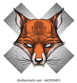 Fox logo. Totem contour drawing. Illustration for T-shirt design.